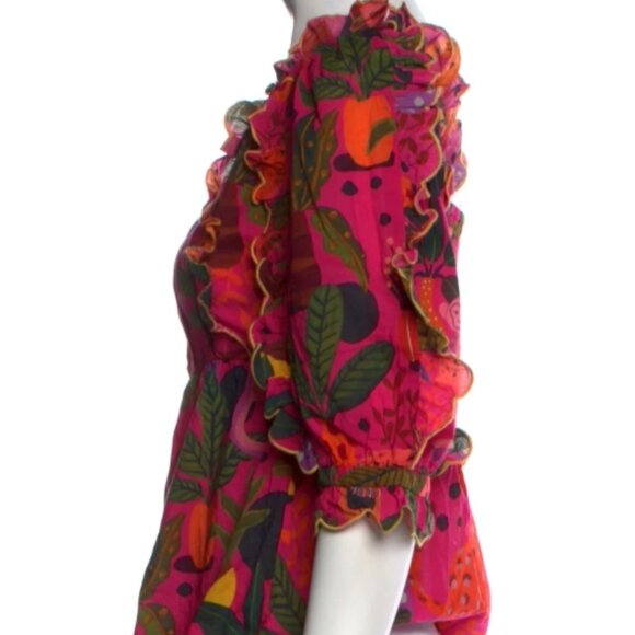 NWOT Farm Rio Pop Leopards Short Puff Sleeves Ruffles Pink Blouse Size XS $160 - Picture 4 of 11